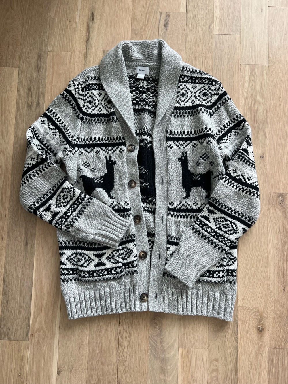 Old Navy Gray and Black Nordic Llama Shawl-Collar Cardigan
